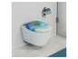 Een toilet met een tropische badkamervloerkleed en een deksel met een palmboom.