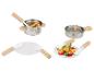 Ensemble de cuisine jouet avec casseroles, poêles, ustensiles et pâtes en feutre.