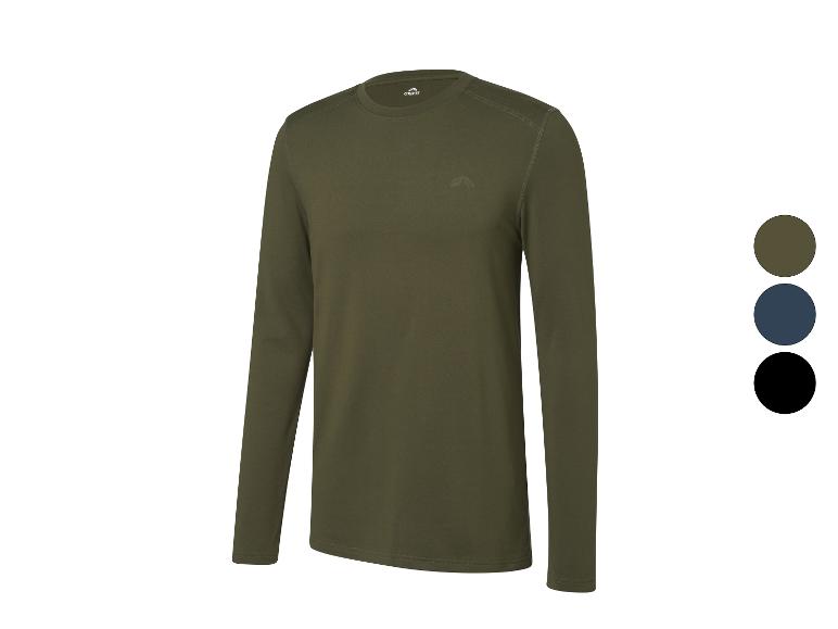 Een olijfgroen shirt met lange mouwen, een klein logo op de borst en kleurstalen.
