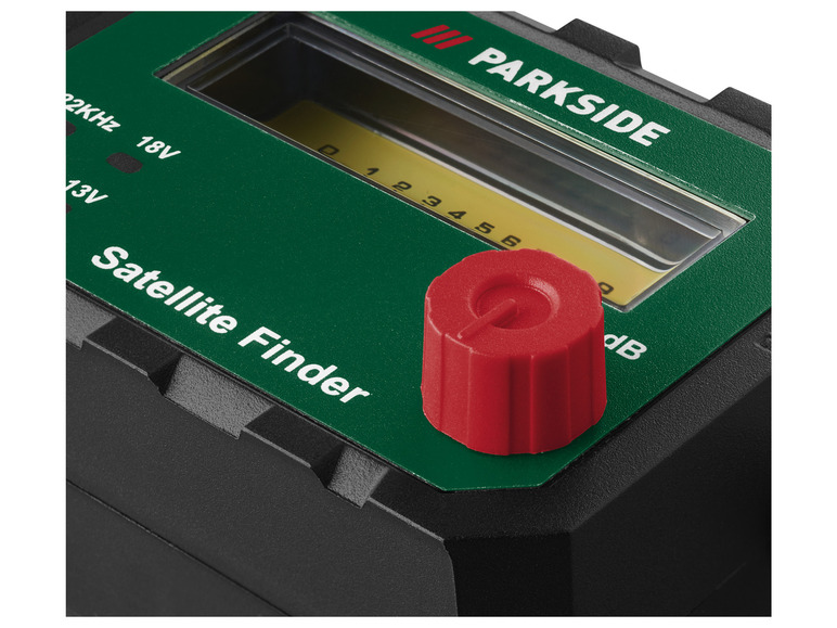 Un détecteur de satellite Parkside avec un bouton rouge et un écran numérique.