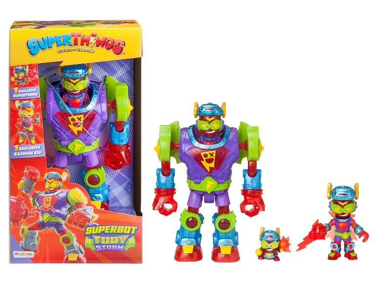 Superthings Rivals of Kaboom Superbot Fury Storm jouets avec un grand et un petit robot.