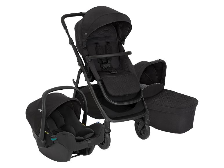 Zwarte 3-in-1 kinderwagen met autostoel en reiswieg op witte achtergrond.