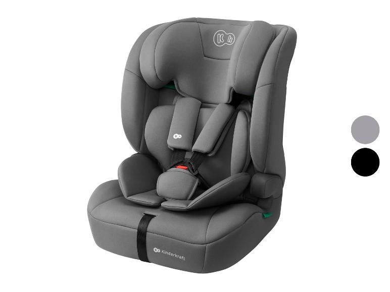 Grijze kinderautostoel met vijfpuntsgordel en verstelbare hoofdsteun.