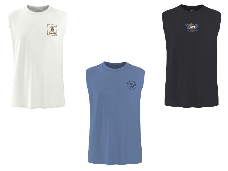 Drie mouwloze T-shirts in wit, blauw en zwart met zomerse prints.