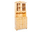 Een houten dressoir met glazen deuren en laden.