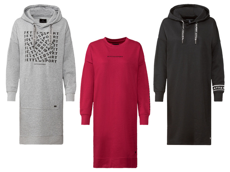 Drie Jette Sport hoodies, één met capuchon, één rood en één zwart.