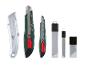 Set afbreekmessen en reservemesjes, met de tekst 'WARNING SHARP BLADE'.
