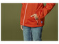 Een oranje softshell jack met een klein logo en een ritszak.