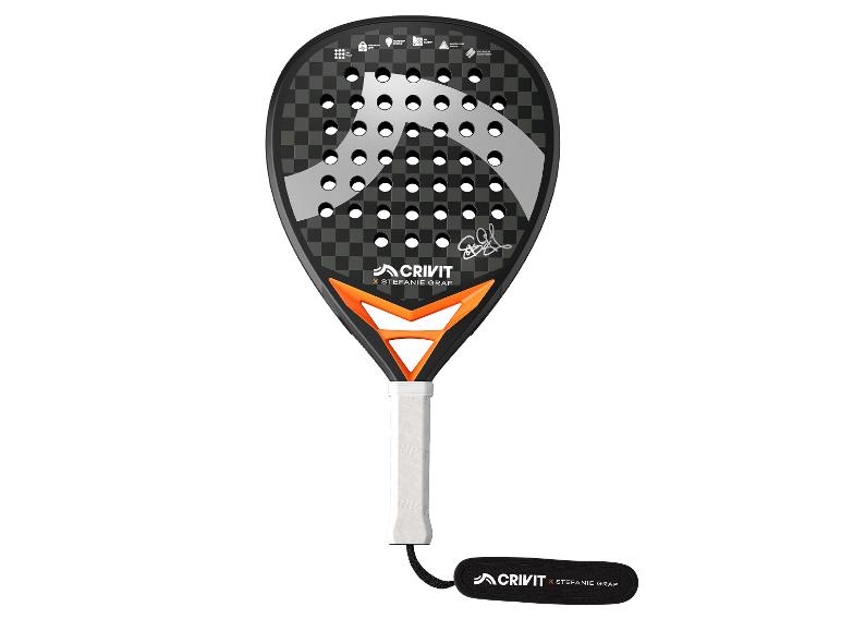 Zwart padelracket met oranje accenten en witte grip, met de tekst 'X STEFANIE GRAF'.