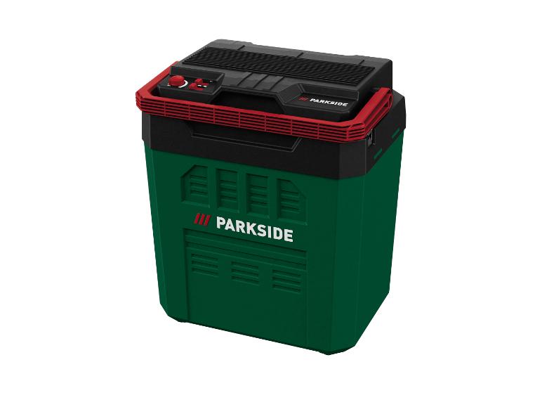 Boîte à outils Parkside verte et noire avec poignée rouge.