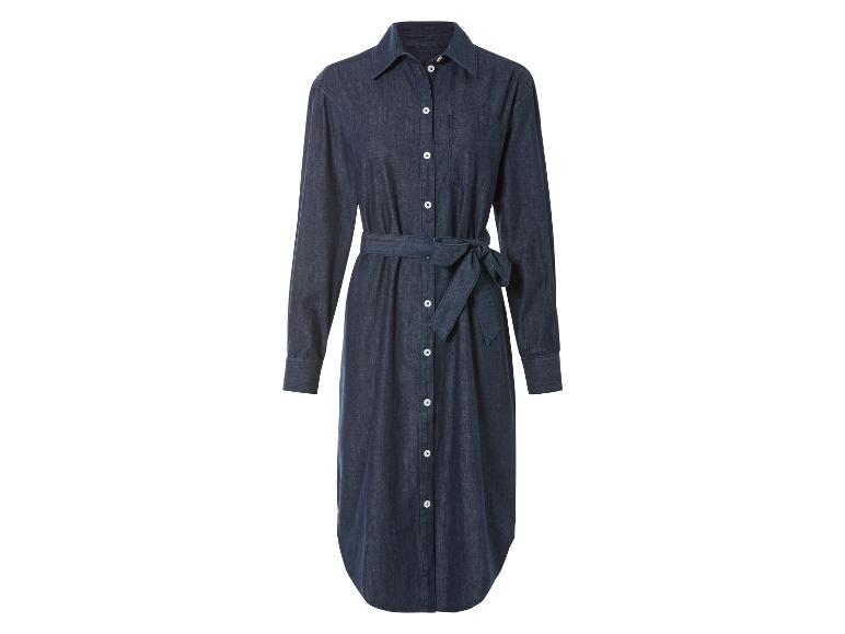 Een donkerblauwe denimjurk met lange mouwen en een riem.