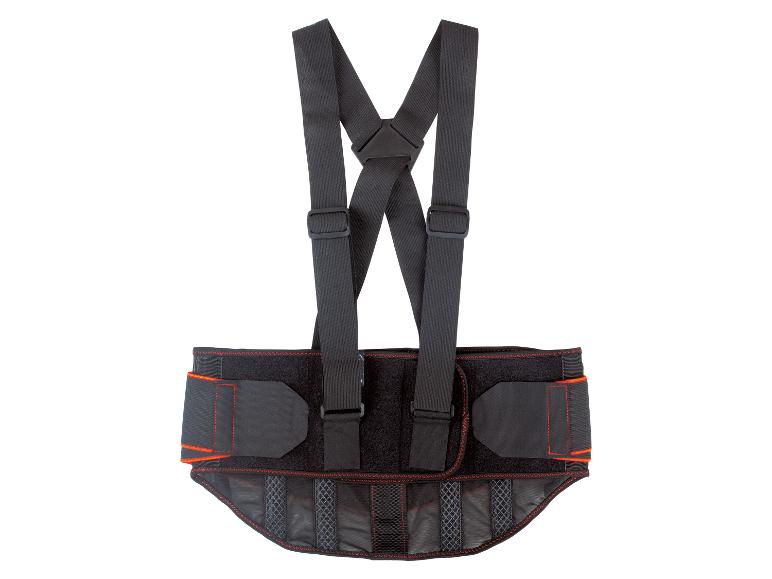 Une ceinture de soutien du dos noire avec des bretelles.