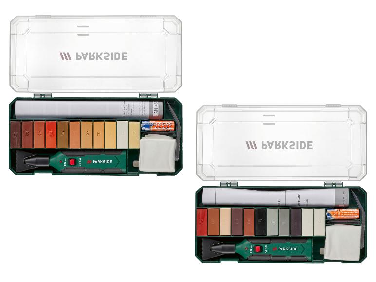 PARKSIDE houtreparatieset met wasstiften, smeltgereedschap en accessoires in een plastic koffer.