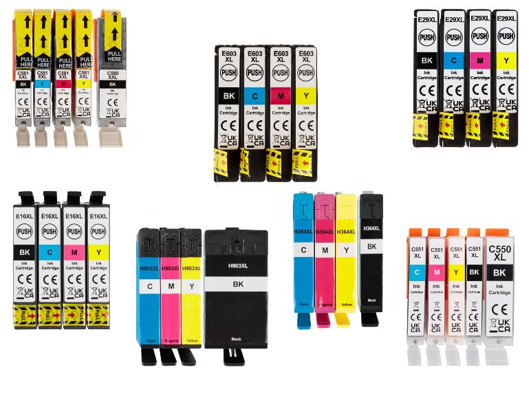Cartouches d'encre pour imprimantes : noir, cyan, magenta et jaune.