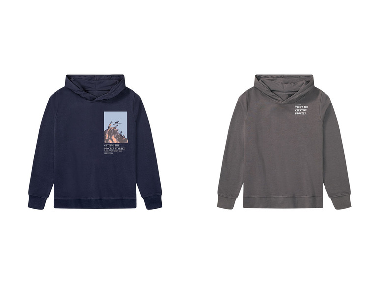 Deux sweats à capuche, un bleu et un gris, avec des motifs différents.