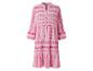 Lange roze jurk met fuchsia geometrische print.