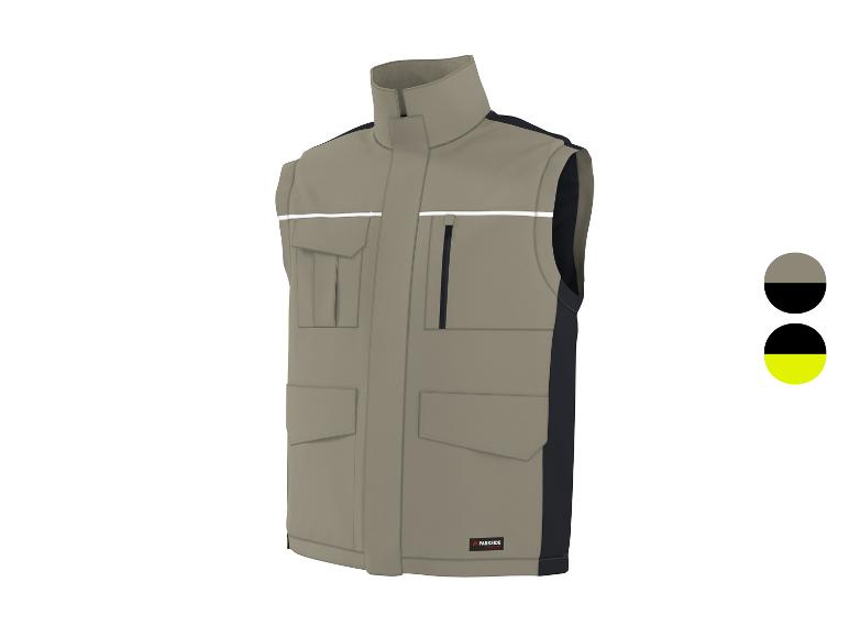 Beige werkvest met zwarte inzetstukken en reflecterende strepen.