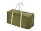 Sac de rangement vert avec sangles et fermeture éclair blanches.