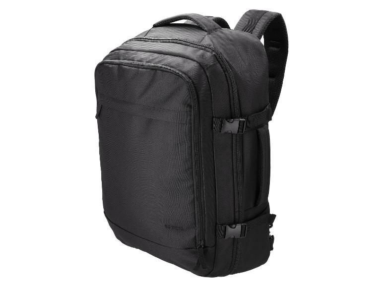 Sac à dos noir avec plusieurs poches zippées et des sangles ajustables.