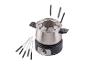 Roestvrijstalen fondueset met een elektrische basis en meerkleurige vorken.