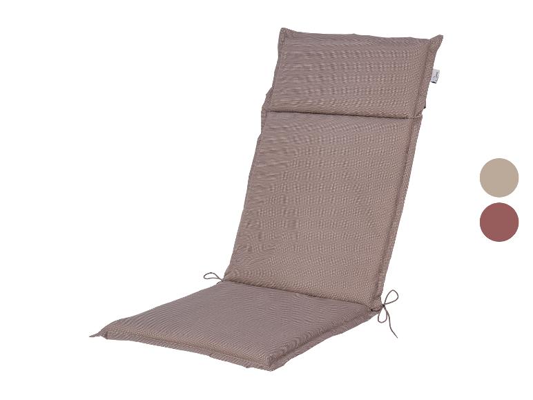 Coussin de chaise longue beige avec attaches, deux échantillons de couleur à droite.