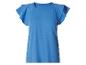Blauw T-shirt met korte mouwen en geplooide schouders.