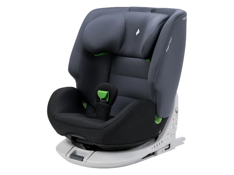 Siège auto pour enfant gris et noir avec des accents verts, sur fond blanc