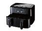 Zwarte dubbele airfryer met open lades.