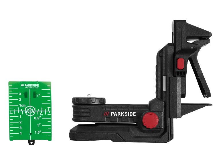 Een Parkside laser waterpas met een beugel en een groene doelplaat.