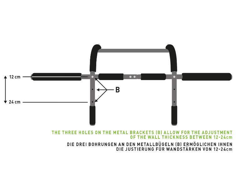 Pull-up bar met instelbare gripbreedte en wanddikte.