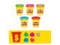 Cinq pots de Play-Doh de différentes couleurs, avec un graphique montrant le chiffre 5 et des taches de couleur correspondantes.