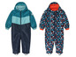 Twee blauwe babypakken met capuchon, een effen en een met regenboogprint.