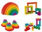 Houten speelgoed voor kinderen: regenboog, puzzel, blokken en toren