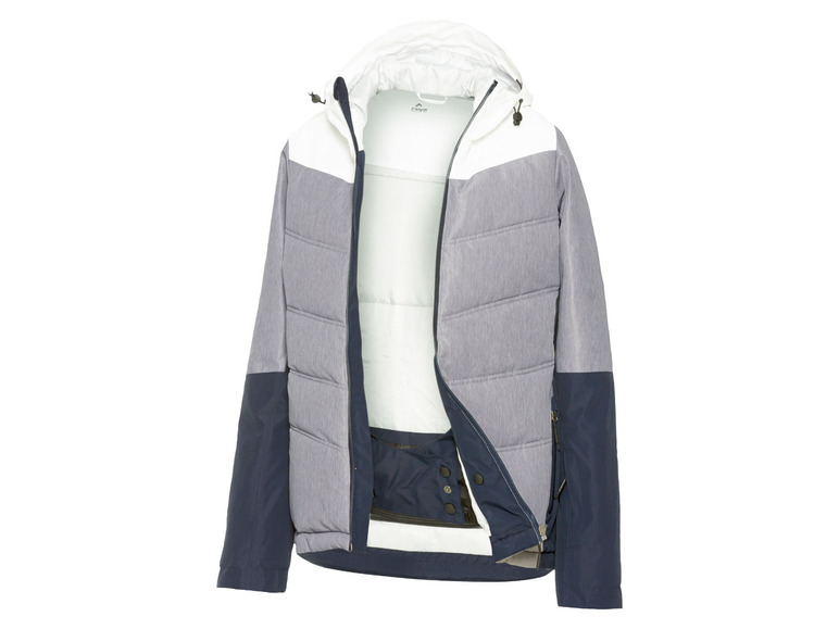 Een grijs-blauwe winterjas met capuchon, opengeklapt.