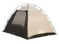 Een zwarte en witte campingtent met een gaasdeur.