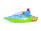 Blauwe en groene speelgoedboot met een figuur en de tekst 'Speed Wave'.