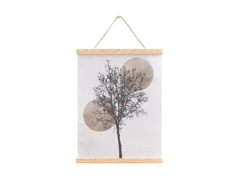 Une peinture abstraite avec un arbre et deux cercles, dans un cadre en bois
