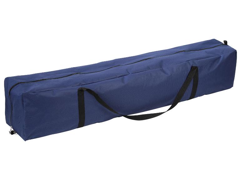 Sac de transport rectangulaire bleu avec fermeture éclair et sangles noires.
