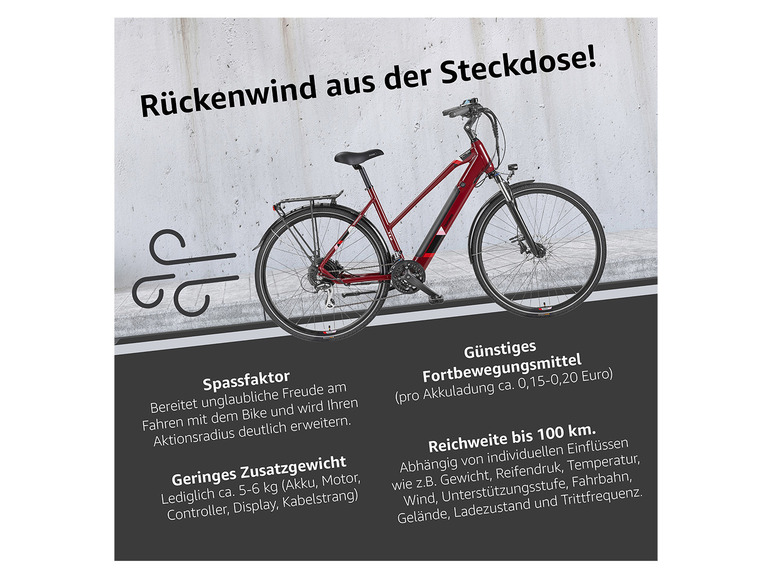 Een rode elektrische fiets met een bereik van 100 kilometer.