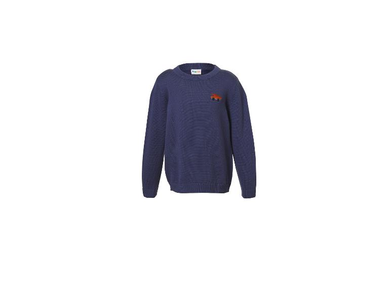 Pull bleu marine pour enfant avec un motif de camion orange.