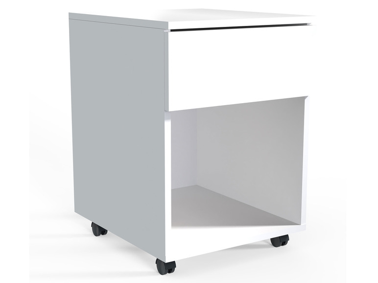 Armoire blanche avec tiroir et étagère ouverte sur roulettes.