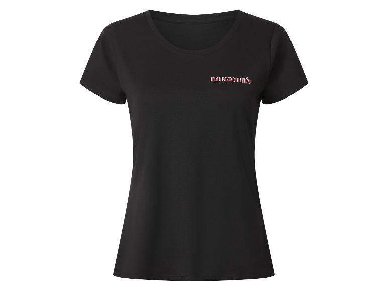 Zwart dames-T-shirt met de tekst 'BONJOUR' en kleine rode hartjes.