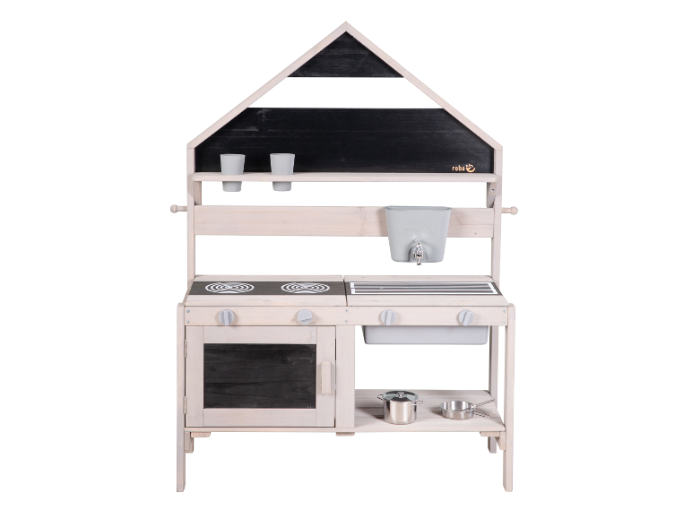 Cuisine d'enfant en bois Roba – design blanc avec étagères et accessoires.