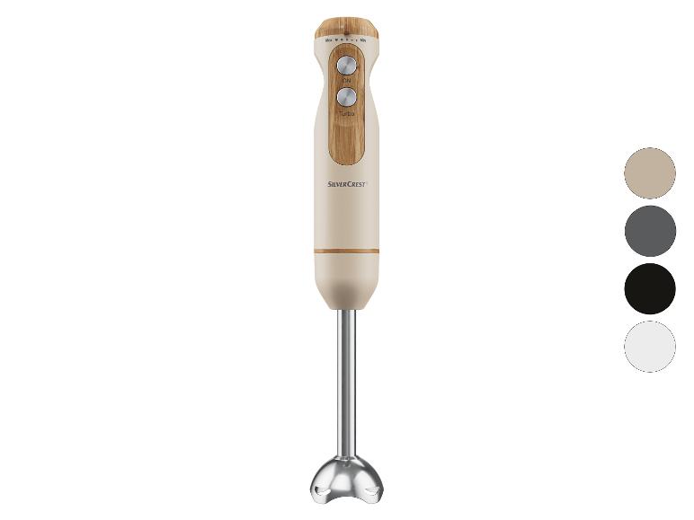 Mixeur plongeant SilverCrest beige avec détails en bois.