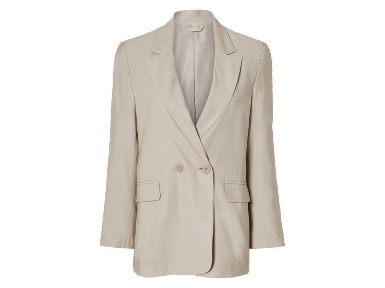 Een beige blazer met dubbele knopen.