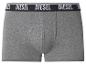 Grijze herenboxershort met zwarte tailleband met witte letters.