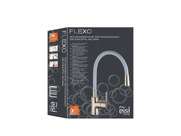 Un robinet de cuisine eisl avec un tuyau flexible en gris clair.