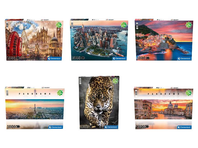 Zes Clementoni puzzels met stadsgezichten en een jaguar.
