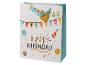 Sac cadeau d'anniversaire blanc avec confettis, ballons, chapeaux de fête et texte 'Happy Birthday'.