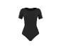 Zwarte bodysuit met korte mouwen en ronde hals.